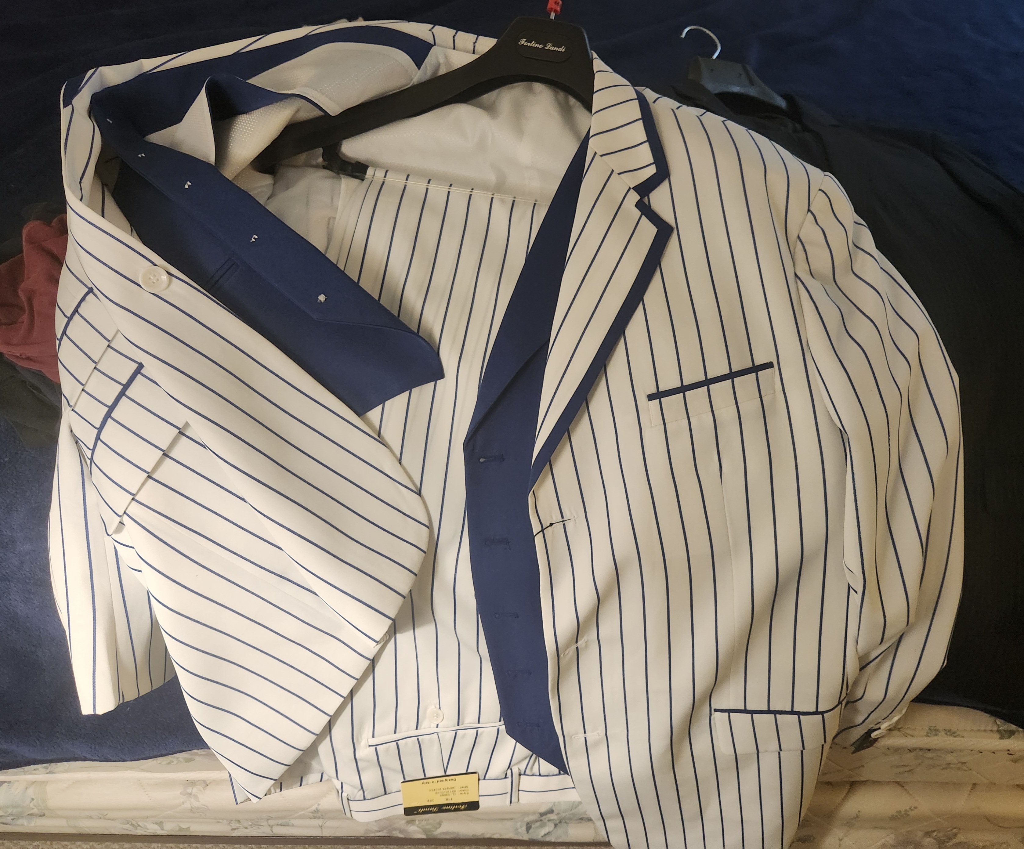 Blue and white striped suit with blue stripes, 3-pc with dark blue vest and matching blue and white striped pants