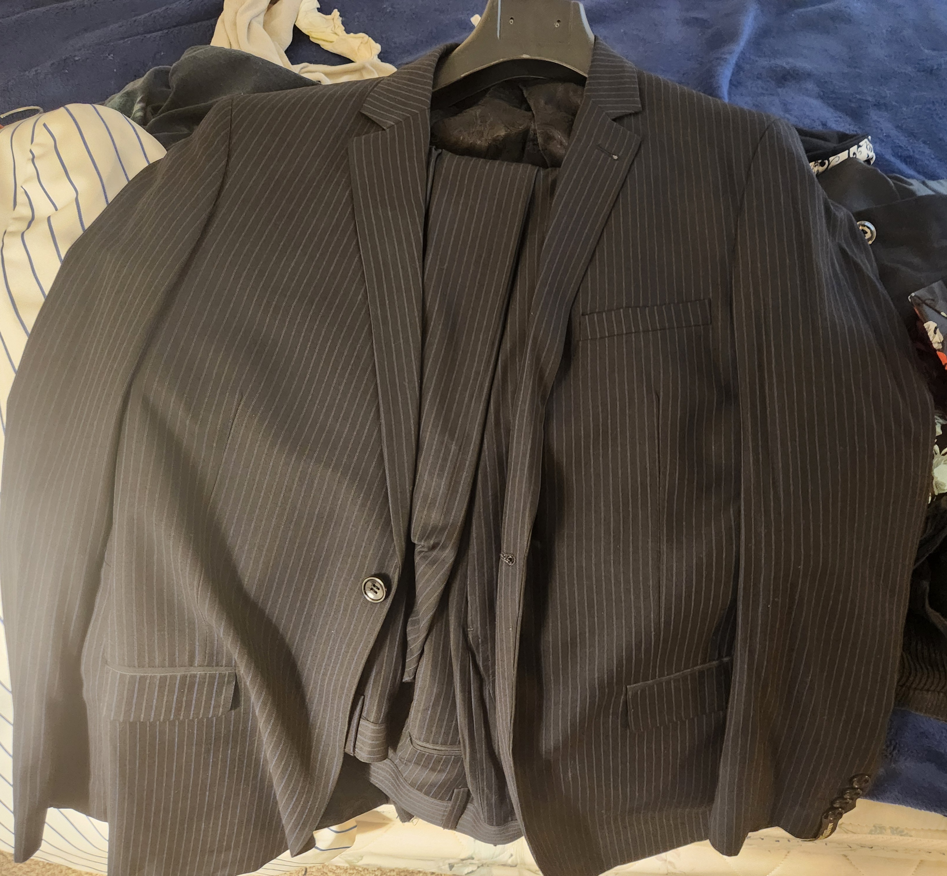 Dark gray pin-striped suit with silver-gray pin stripes, 2-pc jacket and pants only
